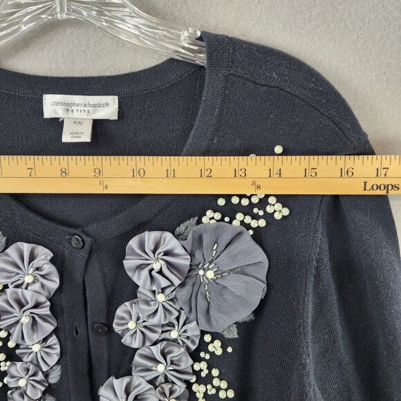 Christopher & Banks Petites Cardigan Floral Appliqué P/XL Beaded Sweater Black - Picture 3 of 9